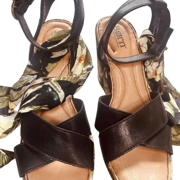 BORN Salton Wedge Sandal Black Leather Fabric Covered Heel - Picture 9 of 13